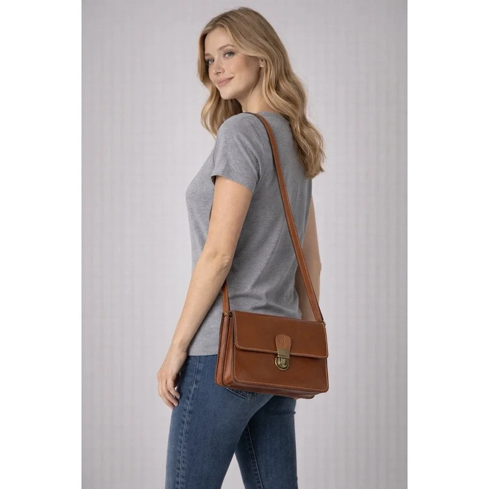 Patricia Nash Italian Leather Brown Crossbody Bag Vintage Push Lock Accordion‎